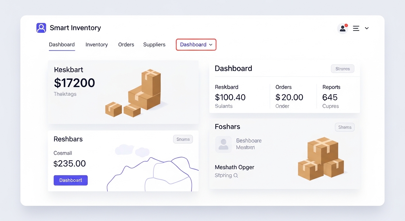 Screenshot of the Smart Inventory Management System dashboard showing stock levels, reports, and analytics charts